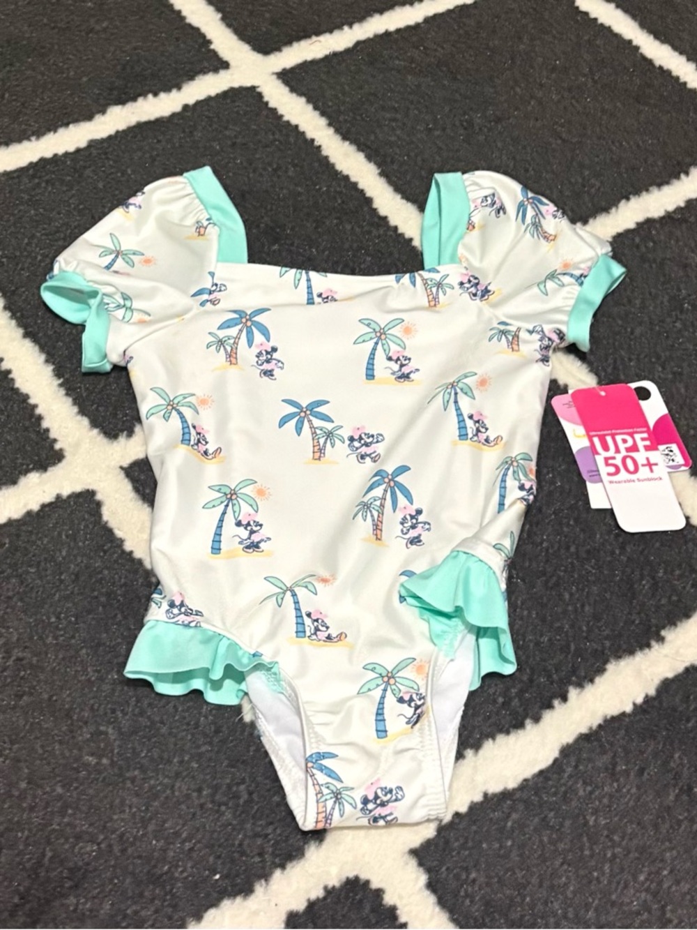 Kids UPF 50+ White & Aqua Palm Print One-Piece Swimsuit